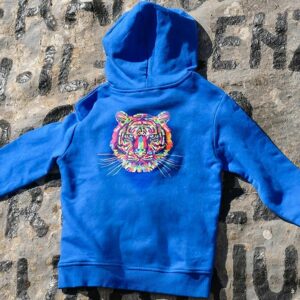 blue hoodie printed using DTF printing